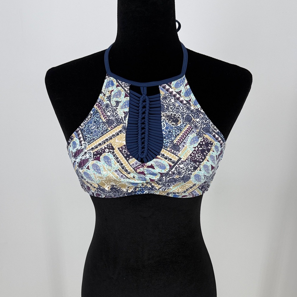 Island Soul High Neck Paisley Print Bikini Top in Navy & Light Blue size small